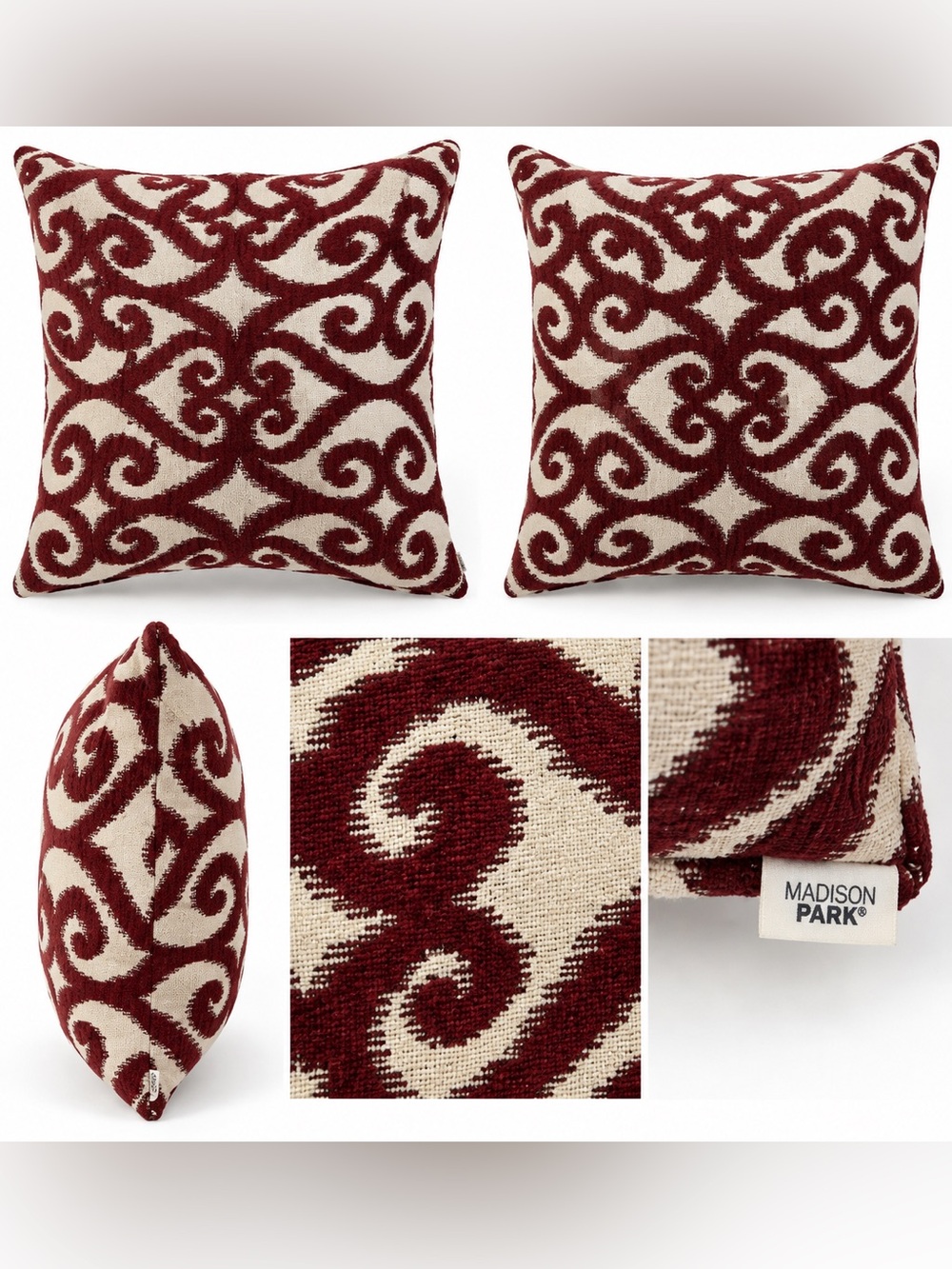 Decorative Burgundy and Cream Scroll Throw Pillows like new